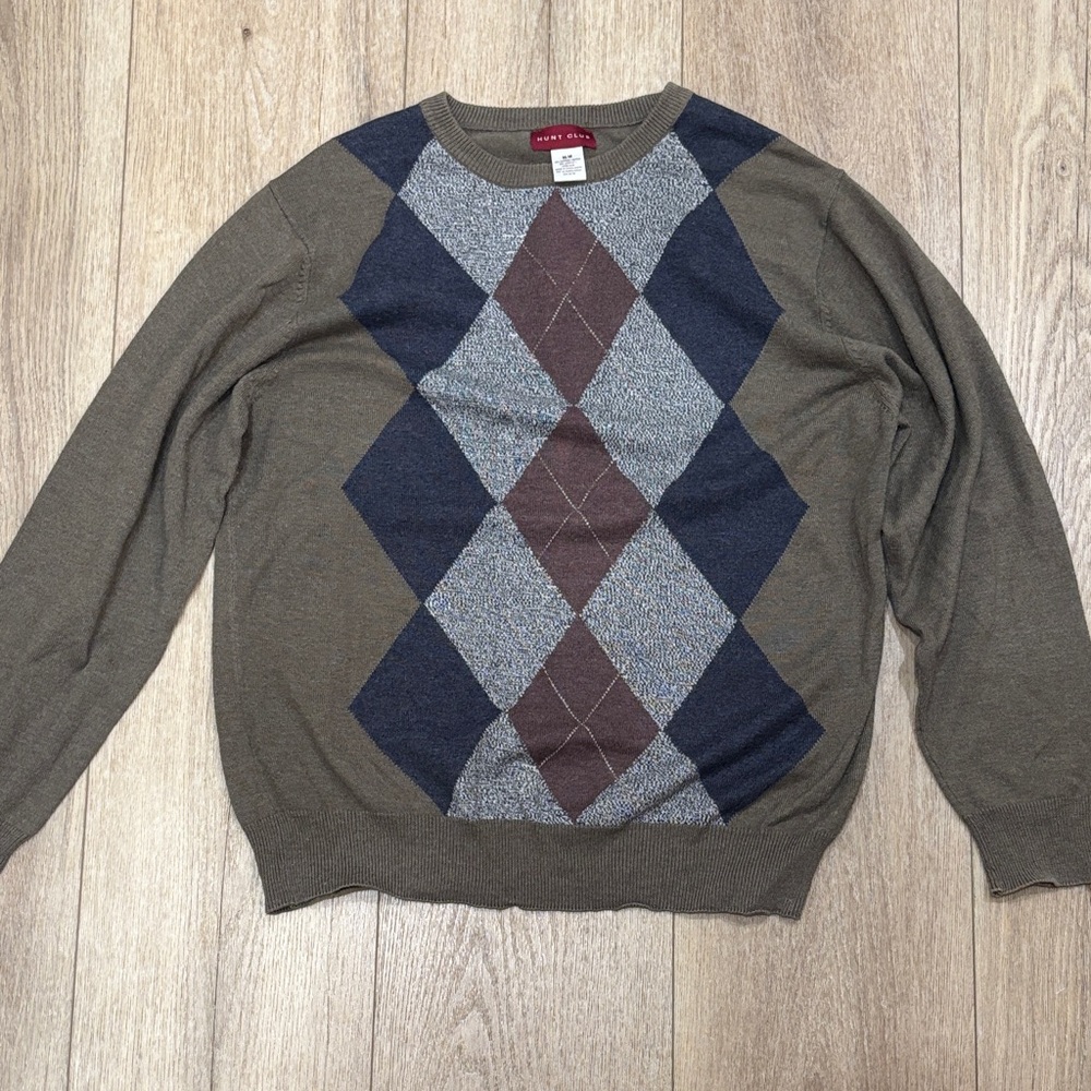 Hunt Club Men's Argyle Crewneck Sweater - Olive, Brown, and Gray